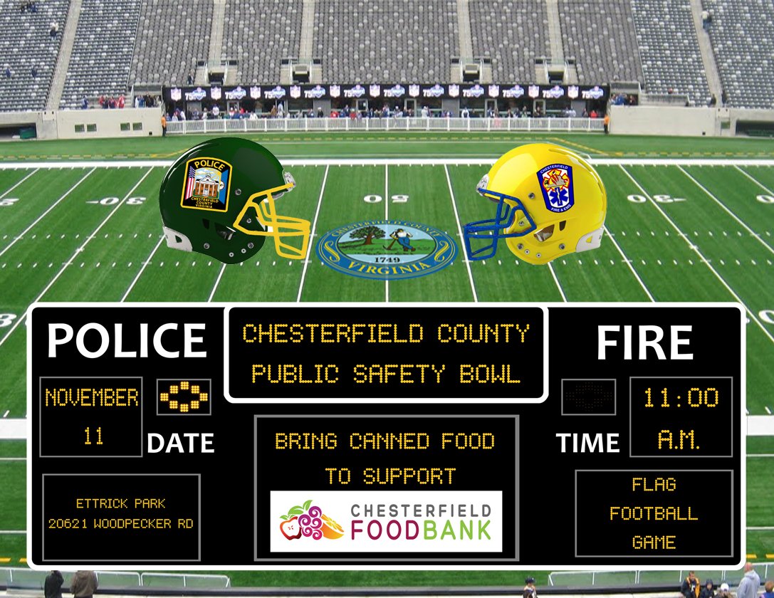 Another "friendly" game? We'll see. Bring some canned goods to donate and join us for another great day of flag football with <a href="/CFEMSPIO/">Chesterfield Fire and Emergency Medical Services</a>