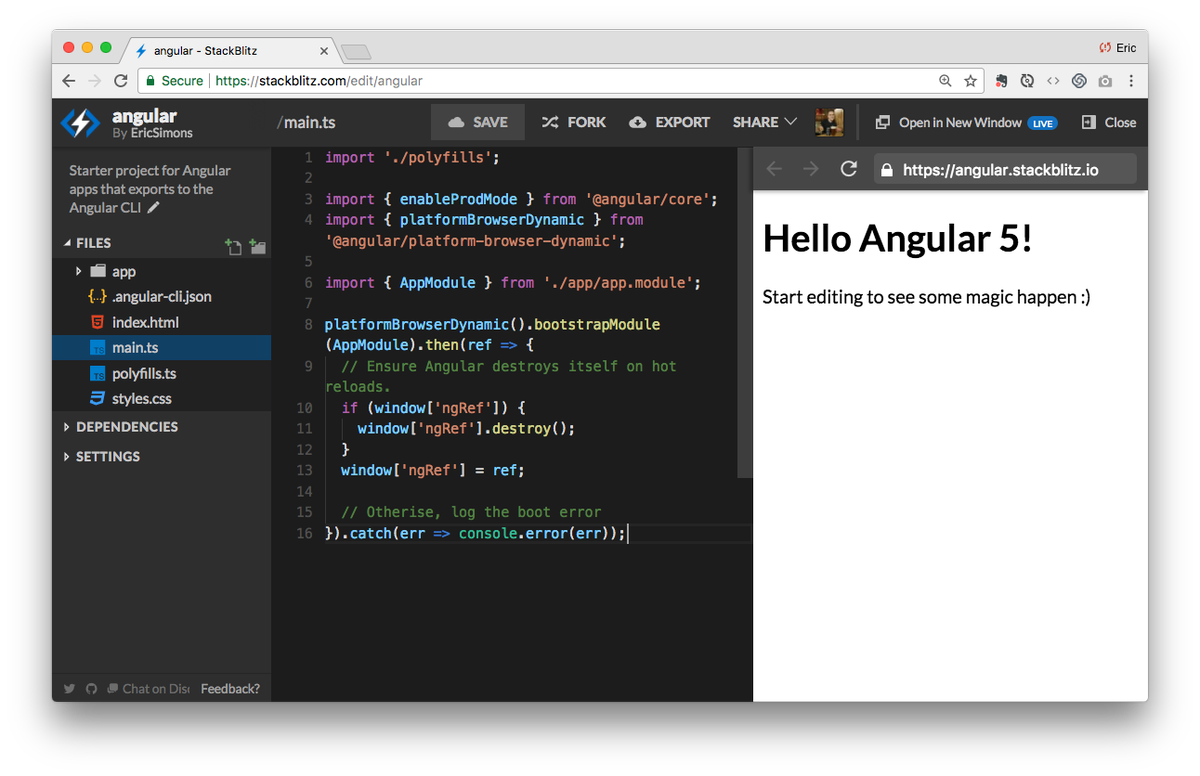 boltdotnew's tweet photo. Say hello to the amazing v5 release of @Angular on StackBlitz! 👋  😍

https://t.co/MxsLbdQZzS https://t.co/xBBR1if5rt