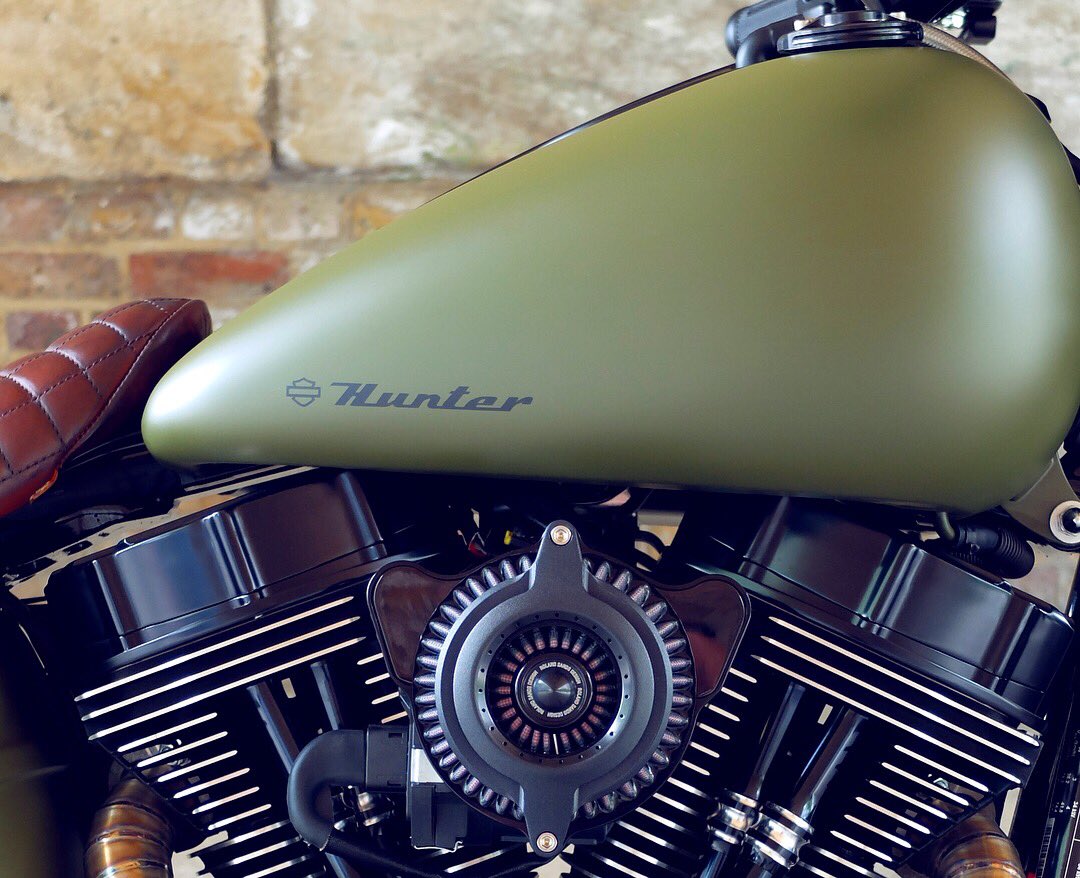 Hunter Breakout - NATO Green, denim finish,  complemented with chestnut upholstery - for @WarrsCustoms 🏍