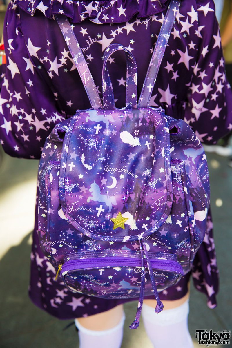 TokyoFashion's tweet photo. Kawaii purple Harajuku street style w/ Milk star dress, Swimmer bag, Monomania, Monster Berry &amp; Disney Store #原宿 https://t.co/SRcn1CTXBh https://t.co/xO6lMq4xDD