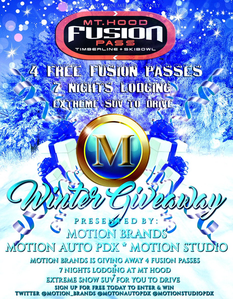MotionAutoPDX's tweet photo. Our #winter #giveaway is on. 4 Free Mt Hoot Fusion Passes, 7 nights lodging, extreme snow SUV to drive @Motion_Brands #fusionpass https://t.co/z5qE2pfAky
