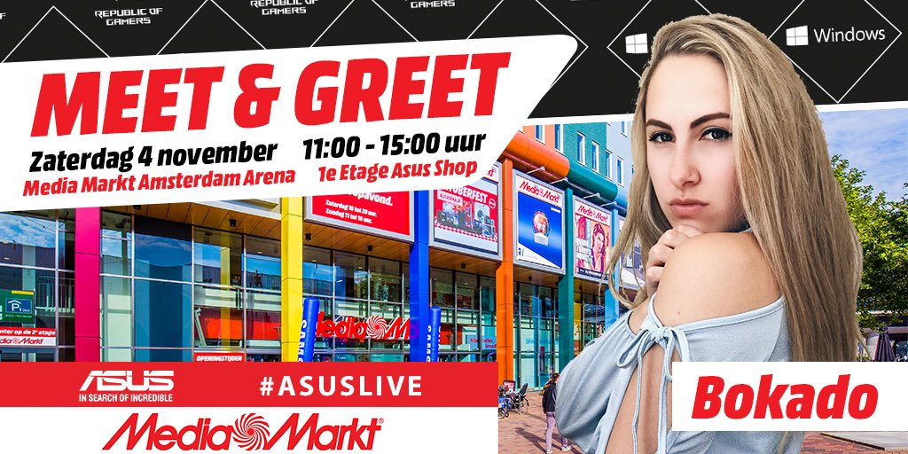 MediaMarktArenA's tweet photo. A.s zaterdag kun je @Bokado ontmoeten bij ons in Media Markt ArenA! 🤗💃🏼📸 #bokado #meetandgreet #amsterdam #arena #mediamarkt #asuslive #asus https://t.co/NWBs9tdz9e