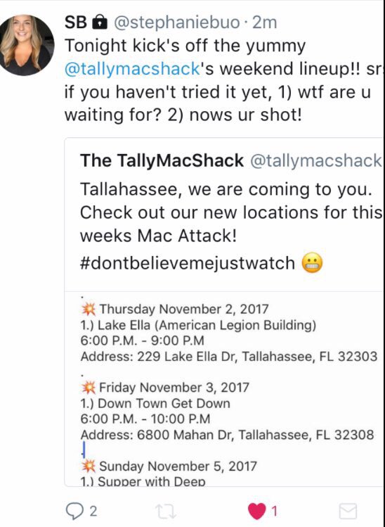 TallyMacShack's tweet photo. 💥It's Thursday Tallahassee! Join us at Lake Ella in front of the American Legion Hall for The Shed Live Music event. Great Food. Great Music https://t.co/9AfCK19d1q
