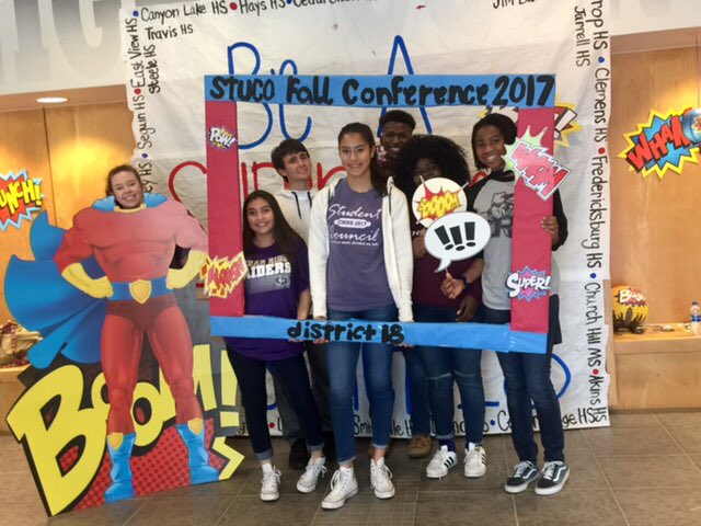 CR StuCo kids at Cibolo Steele HS representing Cedar Ridge at the TASC District 18 fall conference learning to be Super Leaders!