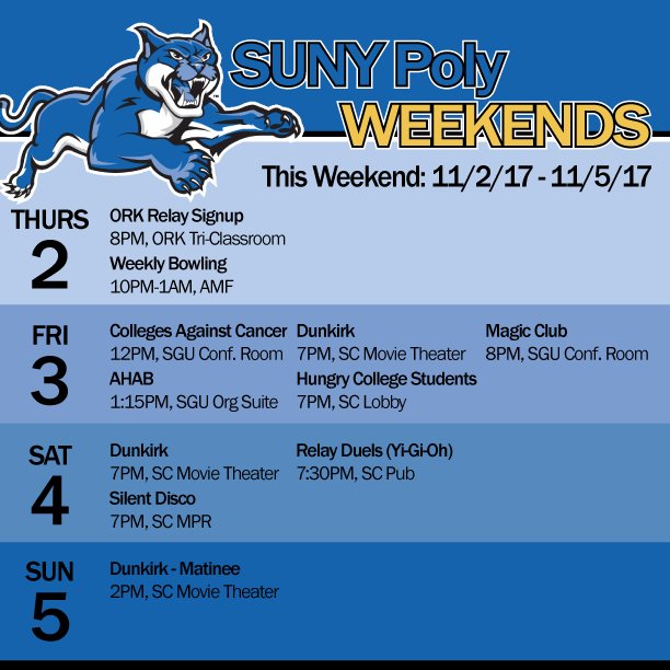 SUNYPolyReslife's tweet photo. Welcome to our #SUNYPolyWeekend Posts! See what is happening this weekend. Enjoy! #SUNYPoly #GetOutAndDo #Weekend #FreeEvents https://t.co/naaLofEbxm