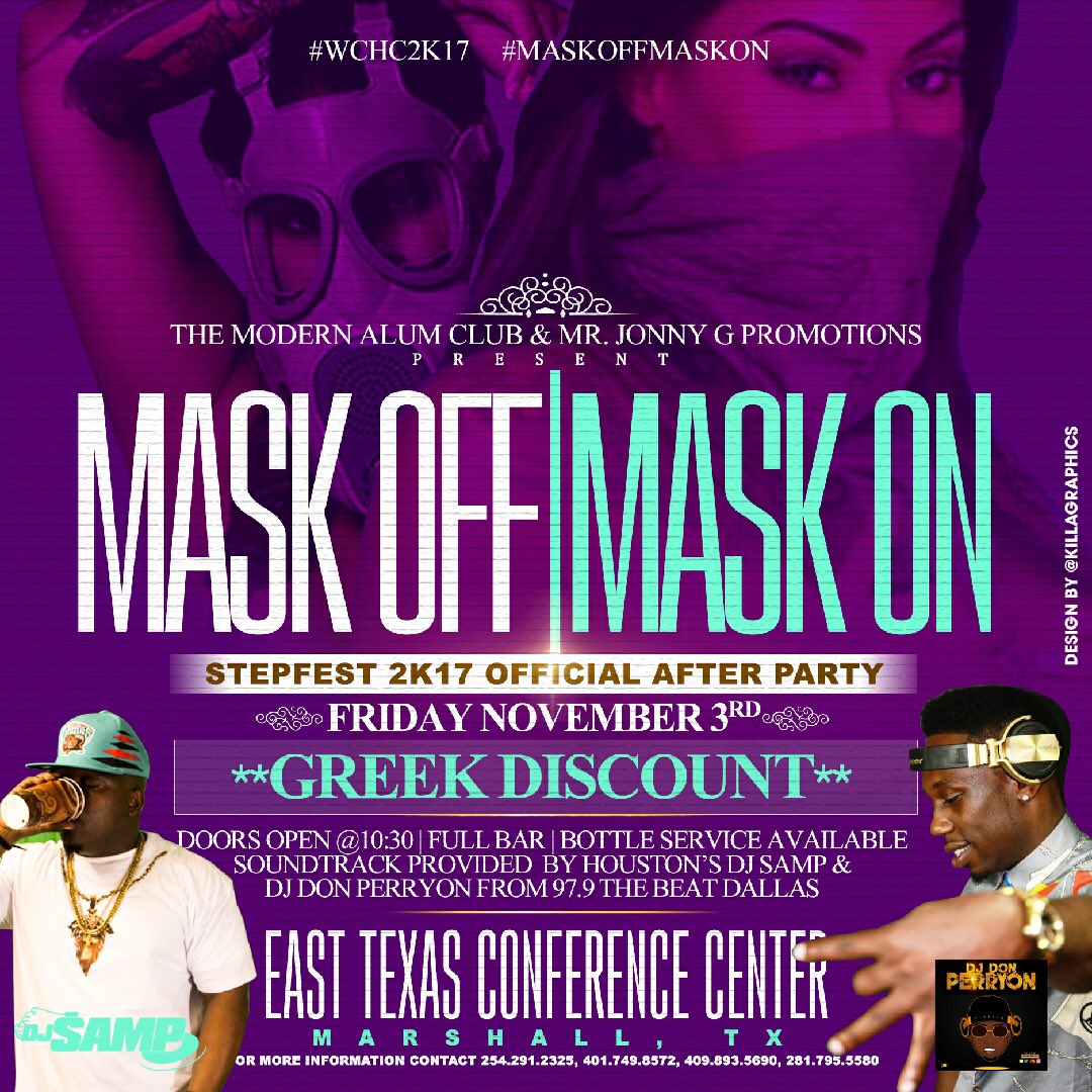 DJSAMP318's tweet photo. @_GinaPayne_ Fri. Nov. 3rd
#ETXSTEPFEST & #MASKOFFMASKON STEP SHOW AFTERPARTY #WILEYCOLLEGE #WCNATION #WCHC2k17 https://t.co/ypj1Bhmi4z