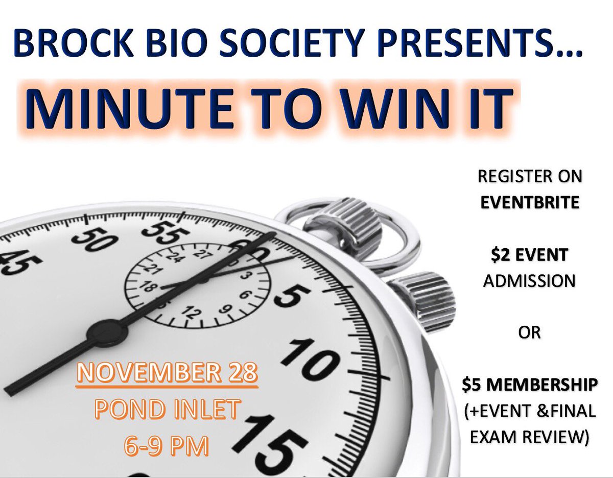 Come out for a fun game night challenge before finals! Join our Minute To Win It challenge by registering here: eventbrite.ca/e/brock-bio-so…