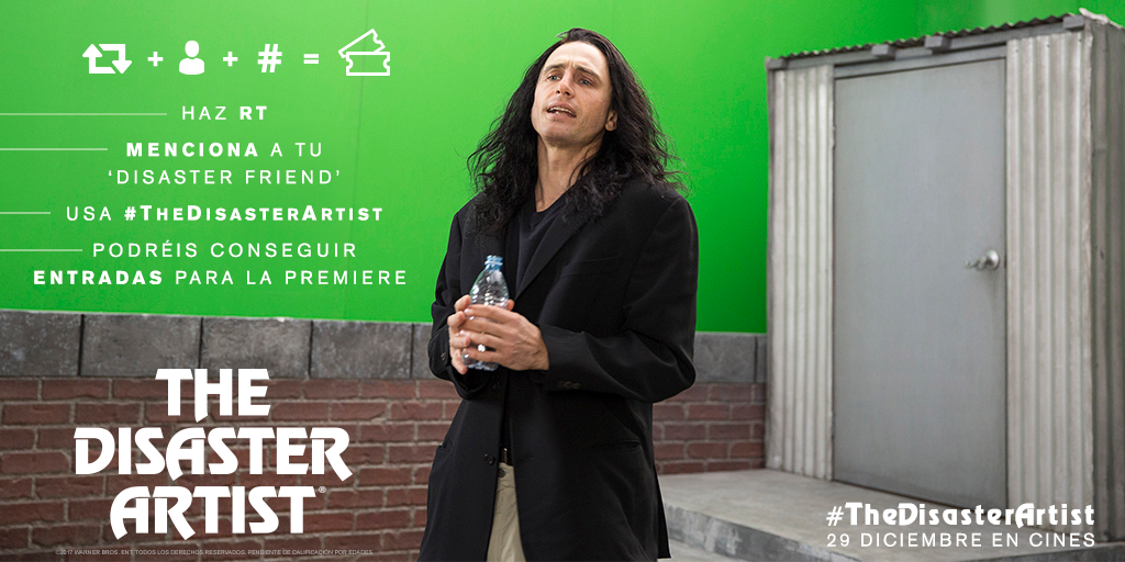 WarnerBrosSpain's tweet photo. ¡Ven de Premiere con tu Disaster Friend! Haz RT, usa #TheDisasterArtist y menciónale. Sorteamos 10 🎟 dobles. T&amp;C: https://t.co/62suMYOPjD https://t.co/Mzlq7GNFrm