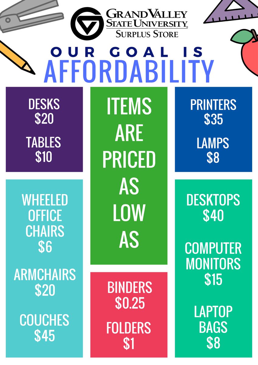 GVSUsurplus's tweet photo. Our prices are unbeatable! Shop these low prices in-store & online and get more of what you need. #GVSU #Surplus #SurplusSaves #Affordable https://t.co/ZrD3uK7oLn