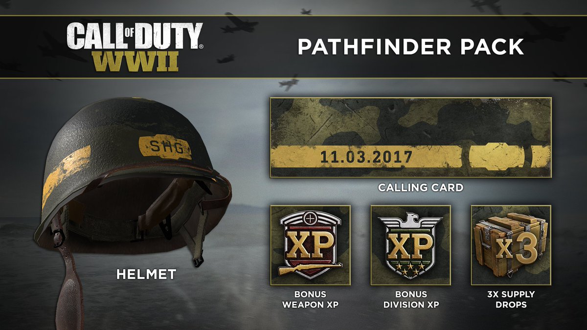 charlieINTEL's tweet photo. Play WWII MP before November 17 to get the Pathfinder Pack. Includes card, helmet, bonus XP + 3 Supply Drop https://t.co/TtJdWPmACs https://t.co/OyJYIvsmm0
