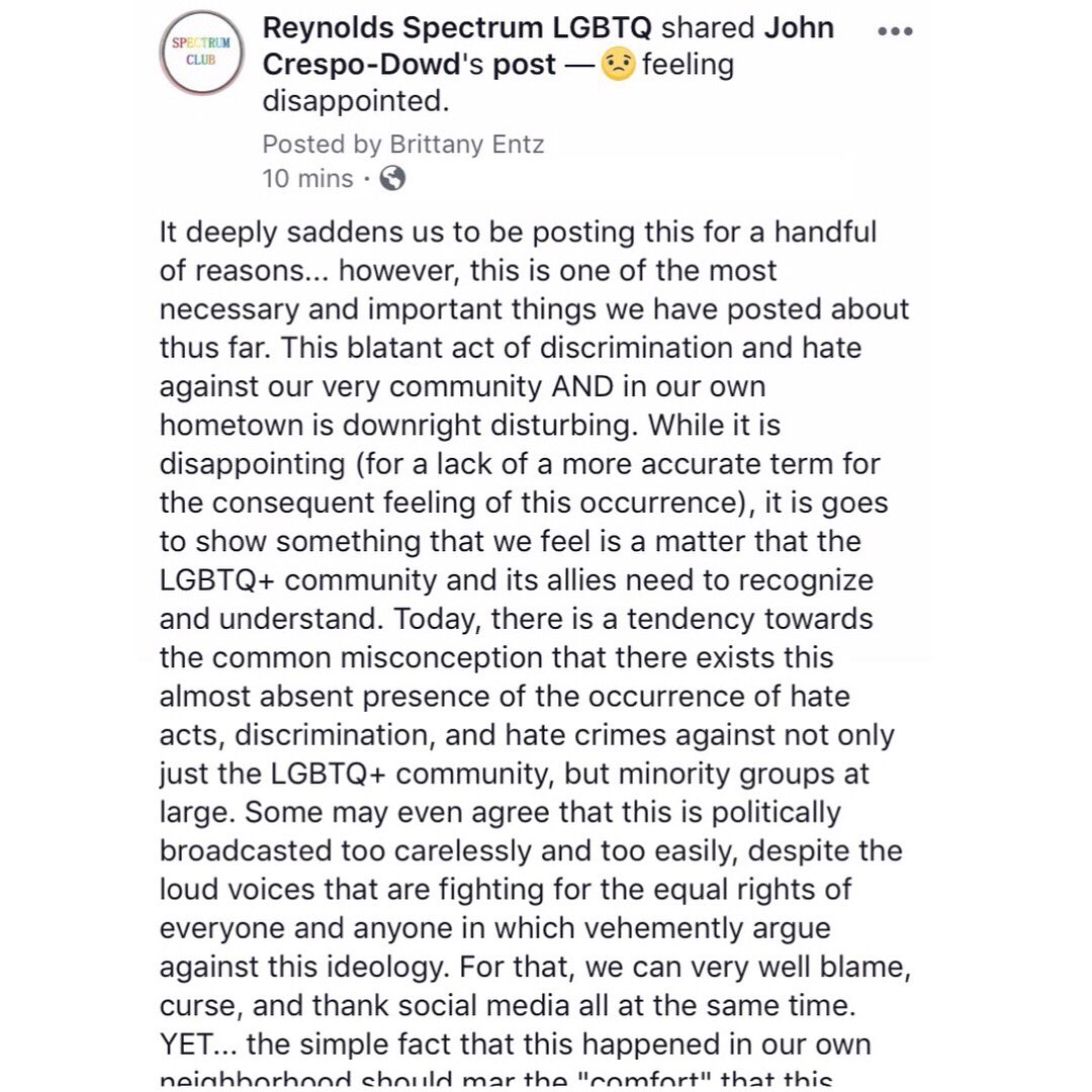 JSRspectrumLGBT's tweet photo. Acts of hate &amp; discrimination in our own hometown. See what we had to say about it on our fb page. #jsrspectrum #loveconquershate #jsrcc https://t.co/EvBNUQUfdT