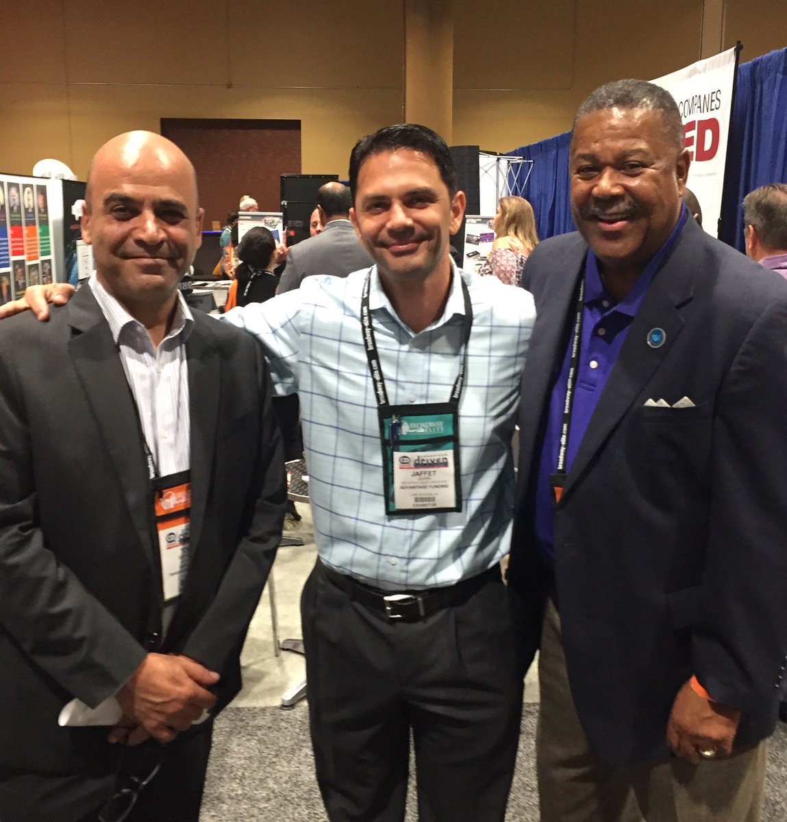 AdvantageFund's tweet photo. National Sales Manager Jaffet Juan enjoys a moment with Tony Mehdiof and Maurice H. Brewster in Orlando, Oct. 25 @Chauff_Driven #CDShow2017 https://t.co/FOtQsTSvkW