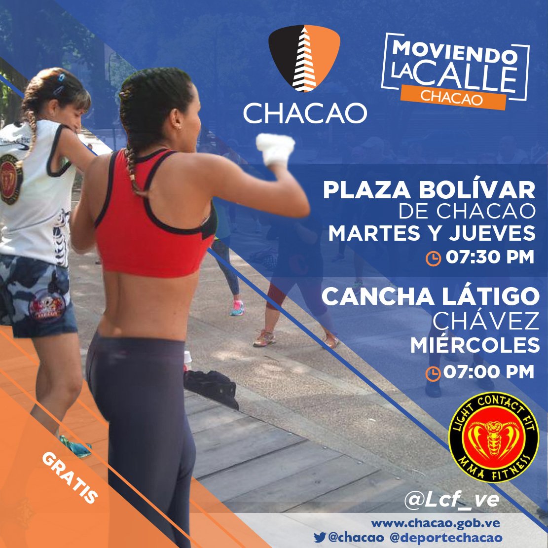 DeporteChacao's tweet photo. Esta tarde en #MoviendoLaCalle tenemos:#DAbootcamp-->6pm #Dragonfight -->7pm #Aptitudfisica-->7pm y #lightcontactfit-->7:30pm 💪👊 ¡Actívate!👊 https://t.co/ollvCIwP21