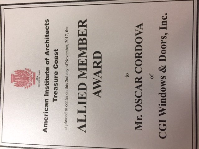 cgiwindows's tweet photo. Congratulations to Sr. for receiving the Allied Member of the year award for the AIA Treasure Coast!  #CGIWindows #AIATC #alliedmember https://t.co/SayoC7vS97