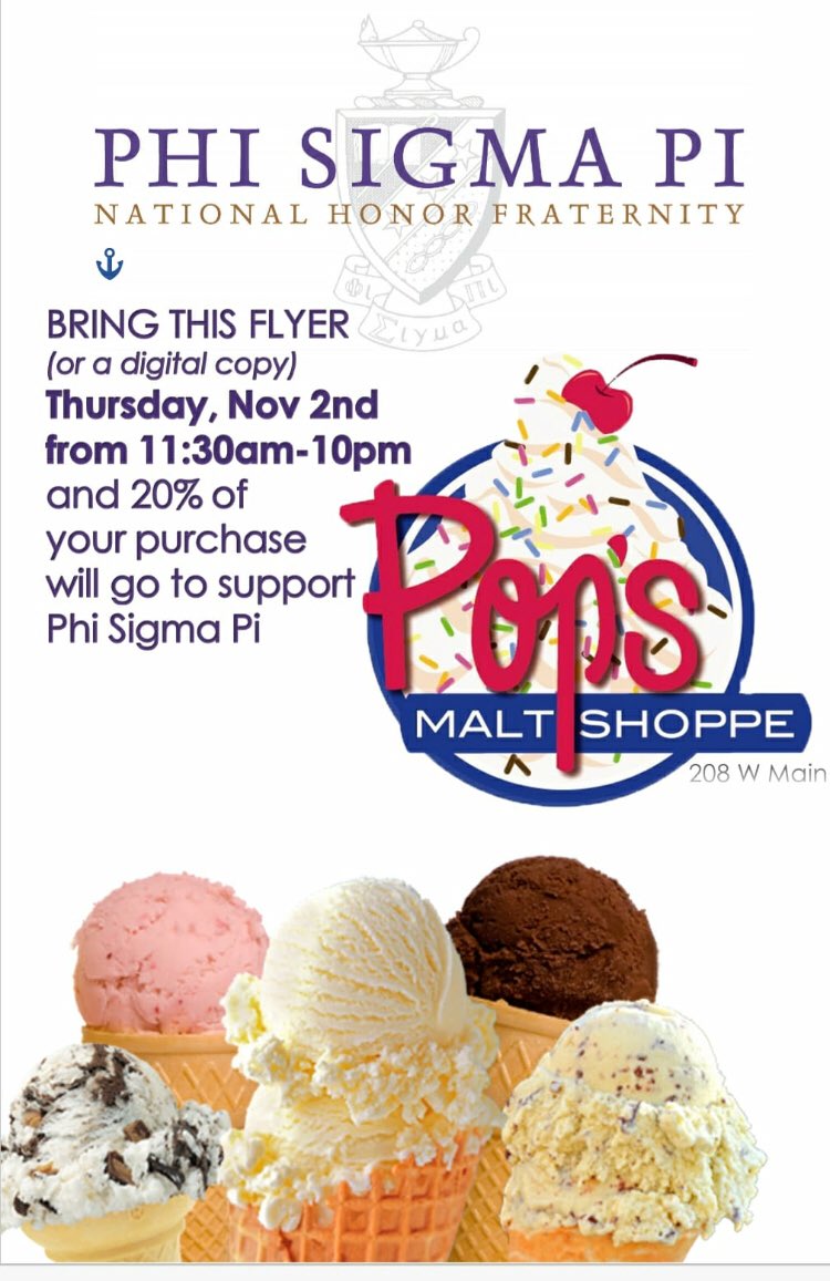 PSP_ea's tweet image. Stop by @popsmaltshoppe today to support Phi Sigma Pi! Remember to show them the flyer at the cash register!