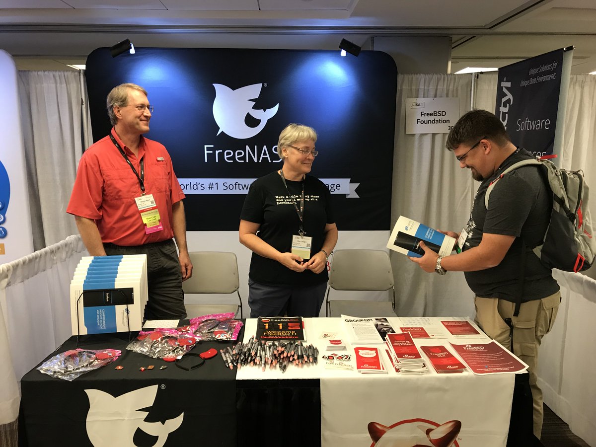 TrueNAS's tweet photo. Head on over to the #FreeBSD / #FreeNAS booth to learn something new today and pick up some MAGnificent schwag! #lisa17 #iXMag https://t.co/Ry8gG7J4S1
