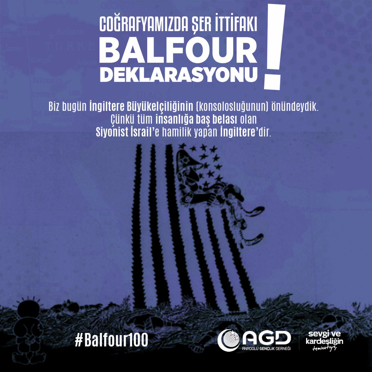 Biz bugün İngiltere Büyükelçiliğinin önündeydik. Çünkü tüm insanlığa baş belası olan İsrail’e hamilik yapan İngiltere’dir.
#Balfour100