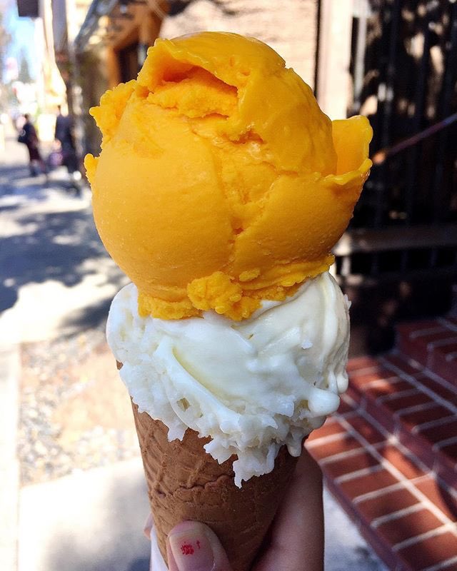 Lime &amp; Coconut Macaroon Gelato + Mango Sorbet on a fresh baked Waffle Cone