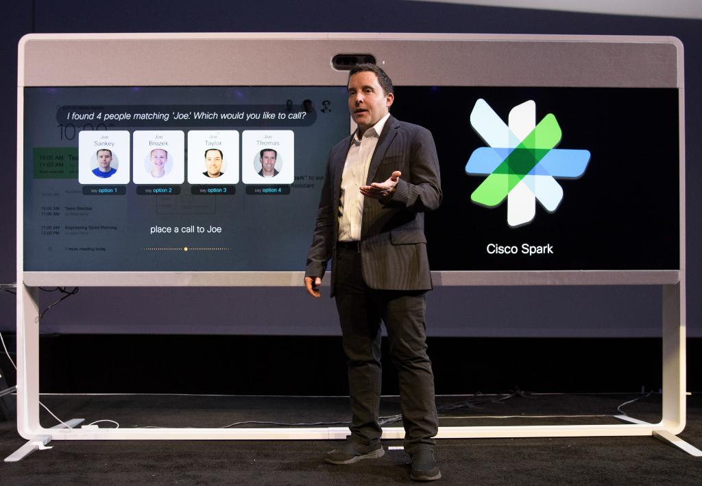 Cisco's tweet photo. Introducing the world’s first #AI powered voice assistant for meetings! Learn about #CiscoSpark Assistant https://t.co/CWnCgCOVPa #CiscoPS17 https://t.co/l84bMAWopz