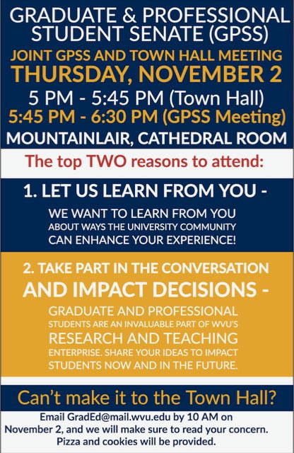 WVUGPSS's tweet photo. Grad students—give input directly to administrators at our “Town Hall” at 5 pm tonight!

All are invited, &amp; @WVUGradEd will provide pizza. https://t.co/t9uNbRBTga