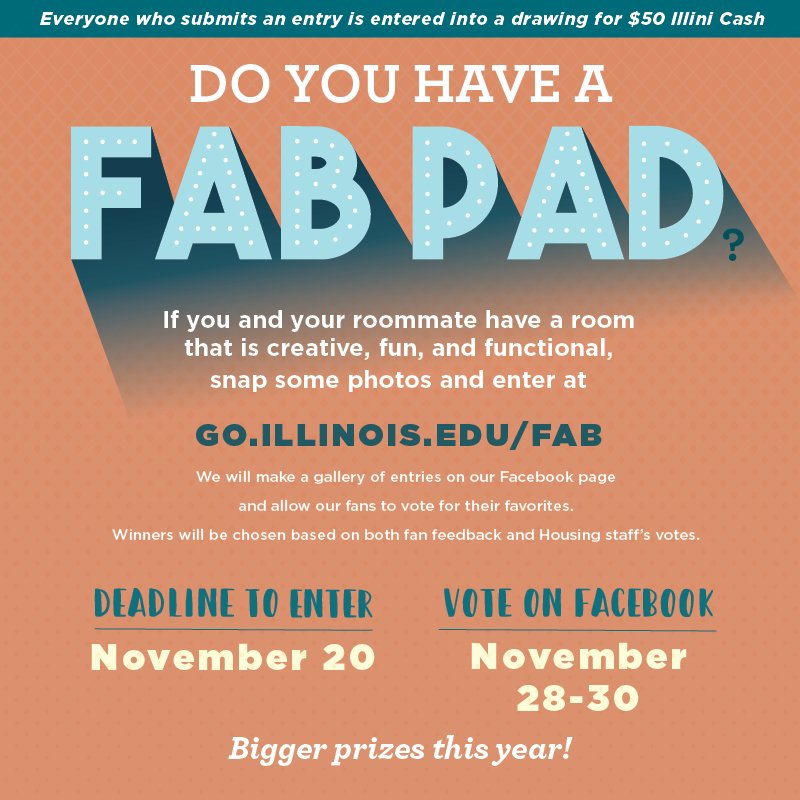 illinihousing's tweet photo. Show off your room for a chance to win prizes & earn the title of the Best Room on campus. Enter #FabPad by Nov. 20. https://t.co/lWd8krLjbl https://t.co/tC2dBuResv
