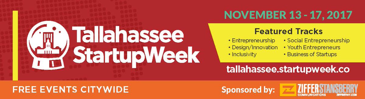 SWtallahassee's tweet photo. Did you know there are over 40 events happening around entrepreneurship in Tallahassee Nov 13 - 17th? Be sure to visit the website! #TLH https://t.co/WkXQ9VYILK