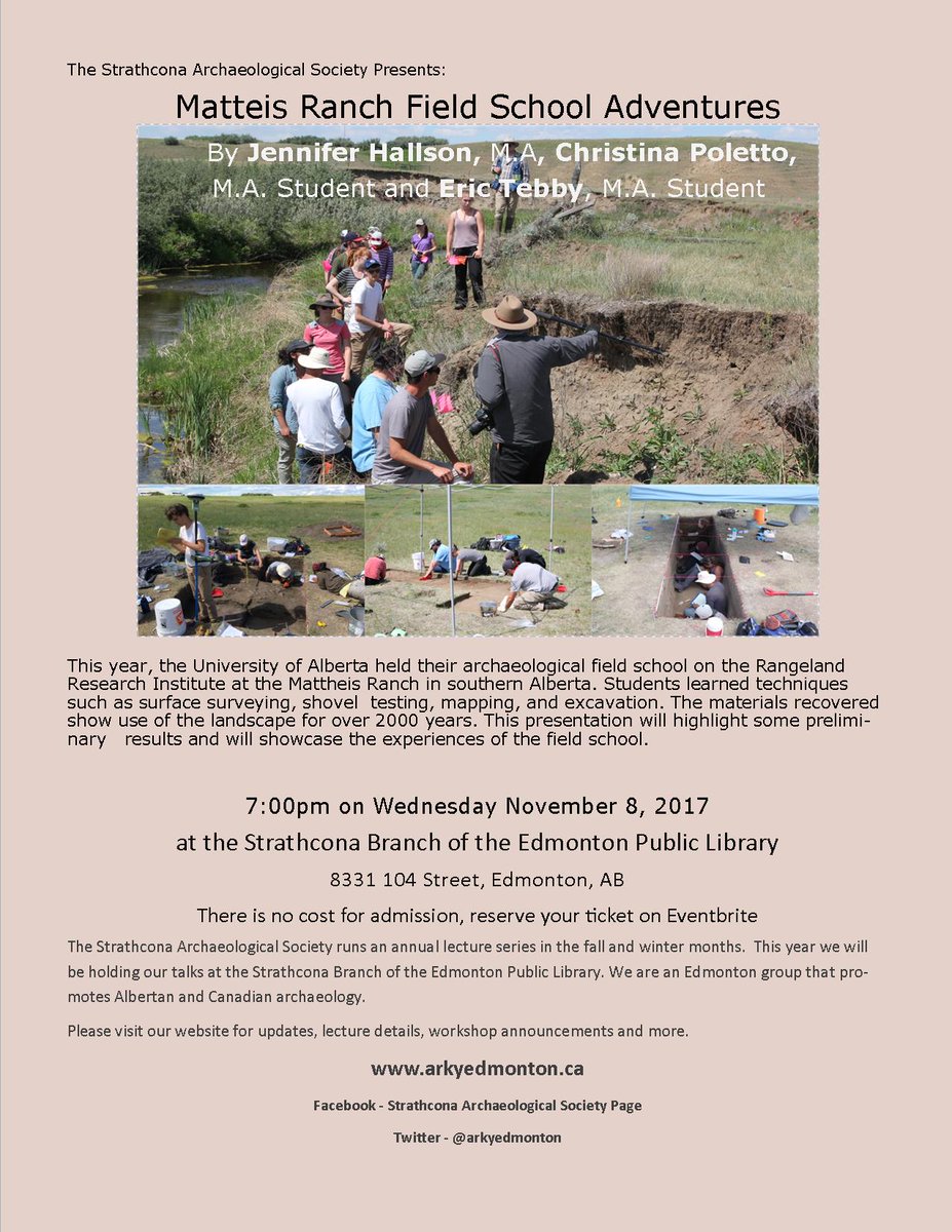 Our next talk is November 8th! Join us at the Strathcona Branch of <a href="/EPLdotCA/">epldotca</a> to learn about field work!  #yegarky #Archaeology #yegheritage