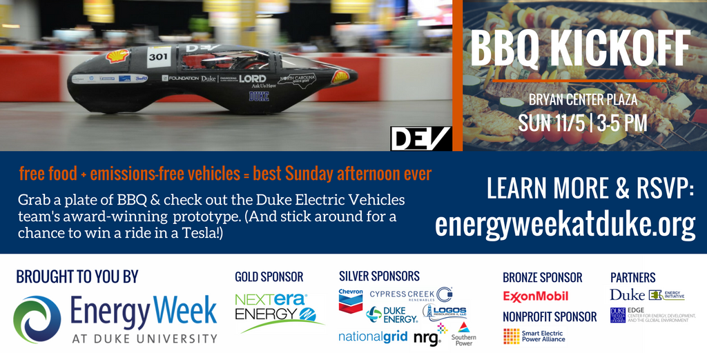 FuquaEnergyClub's tweet photo. Like BBQ? Wanna meet students designing awardwinning electric vehicles? Come kick off #EnergyWeekatDuke with us! https://t.co/ch5MVqdAcd https://t.co/6MHhfogPdS
