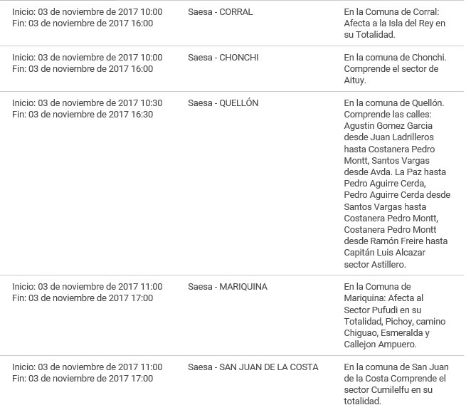 saesa's tweet photo. Desconexiones programadas para este viernes 03 de noviembre #Corral #Chonchi #Quellón #Mariquina #SanJuanDeLaCosta https://t.co/EKXkHOZkRz