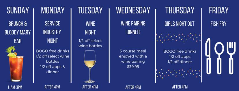 PIER 290 Daily Specials Monday- Service Industry Night BOGO Free drinks, 1/2 select bottles of wine, 1/2 off app...