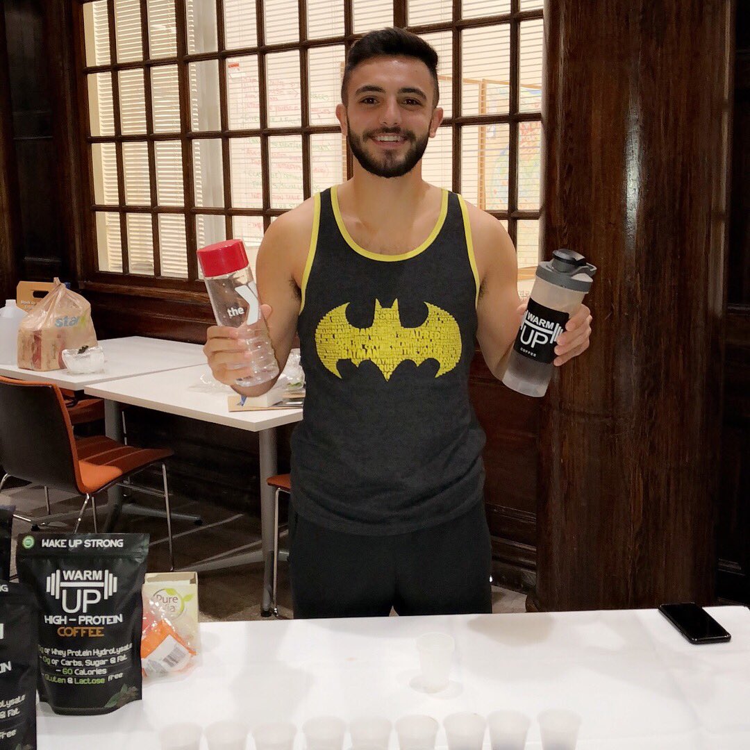WarmUpCoffee's tweet photo. Had fun keeping the @ymca energized! The WarmUp tank is in the wash so don't mind batman 😂 #coffee #protein #fitness #health #wakeupstrong https://t.co/RcpPay19zg