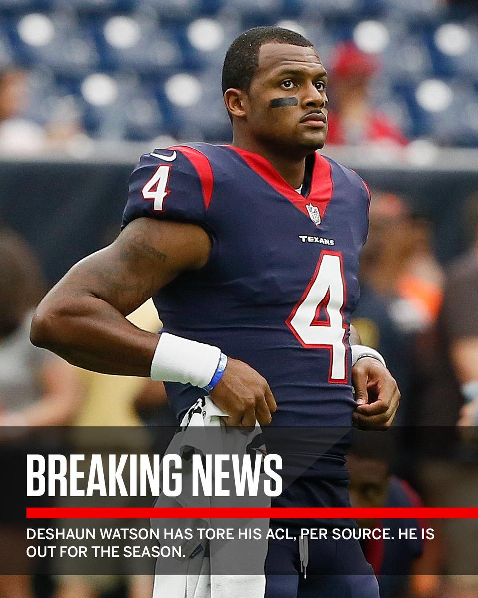 SportsCenter's tweet image. Breaking: Texans rookie QB Deshaun Watson is out for the season after tearing his ACL. (via @AdamSchefter)