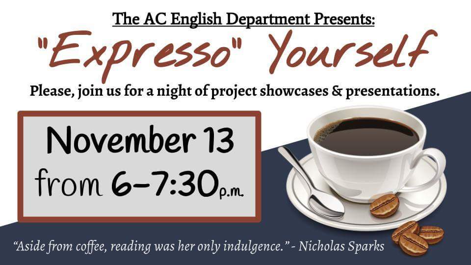 ACWhirlwinds's tweet photo. Annie Camp Poetry Slam is Nov. 13th. Hot Chocolate and Coffee, as well as snacks will be provided! #caneclassroom https://t.co/mhTelyvSjU