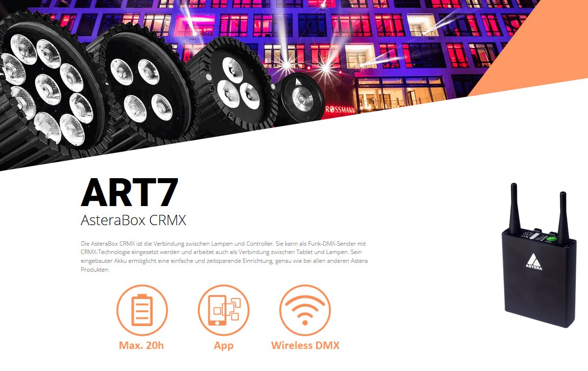 AES_Team's tweet photo. ART7 - AsteraBox CRMX, Verbindung zwischen Lampen und Controller. Funk-DMX-Sender mit CRMX-Technologie, Verbindung Tablet zu Lampen. https://t.co/bpyko3robd