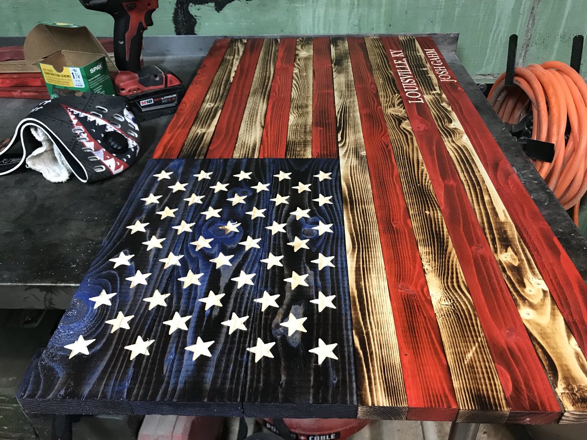 reclaimed1776's tweet photo. Finishing off the personalized flags.  #americanflag  #rzmask #milwaukee #reclaimedpatriot https://t.co/MNYXdDa3W1
