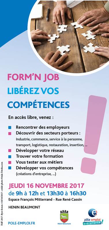 📣🗒À noter dans vos agendas !
Venez Libérer  vos #competences lors du #forum #Form'njob le 16/11/2017 à Henin Beaumont . #emploi #Formation #decouverte métiers .
Préparez vos #cv 
Plus d'infos: facebook.com/events/1993080…