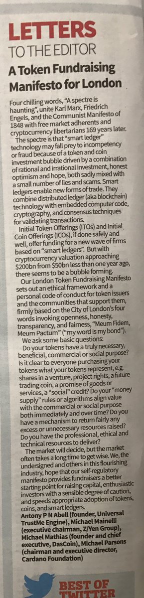 Cardano_CF's tweet photo. The London Token Fundraising Manifesto
List of signatories inc @mrmainelli @BitcoinByte #smartledgers @tomkelly_25
https://t.co/GOCsQnErfd https://t.co/gFIzX82RFN