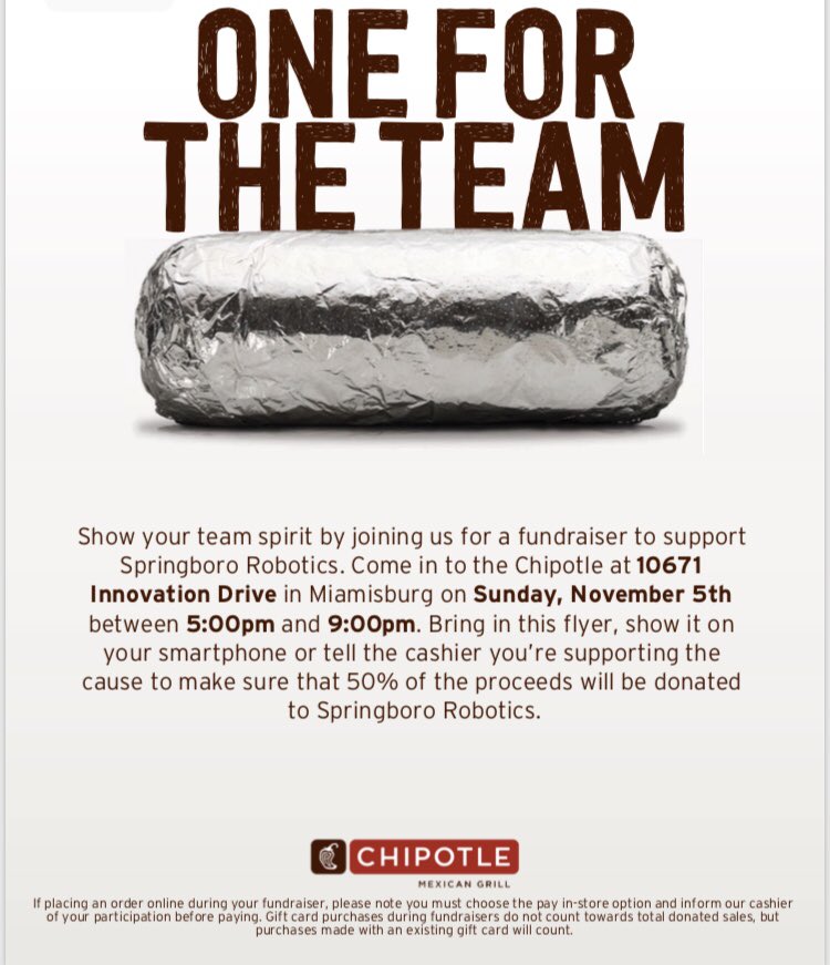 FTCTeam6085's tweet photo. Hey!  Come on down to the Springboro Chipotle this Sunday to throw us some support! https://t.co/hEGVjOZCEz