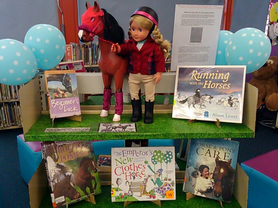 TeachingMissE's tweet photo. Halloween display out ... Melbourne cup display in! #TEPSLibrary #racethatstopsanation #melbournecup2017 https://t.co/7zdixv7dOJ
