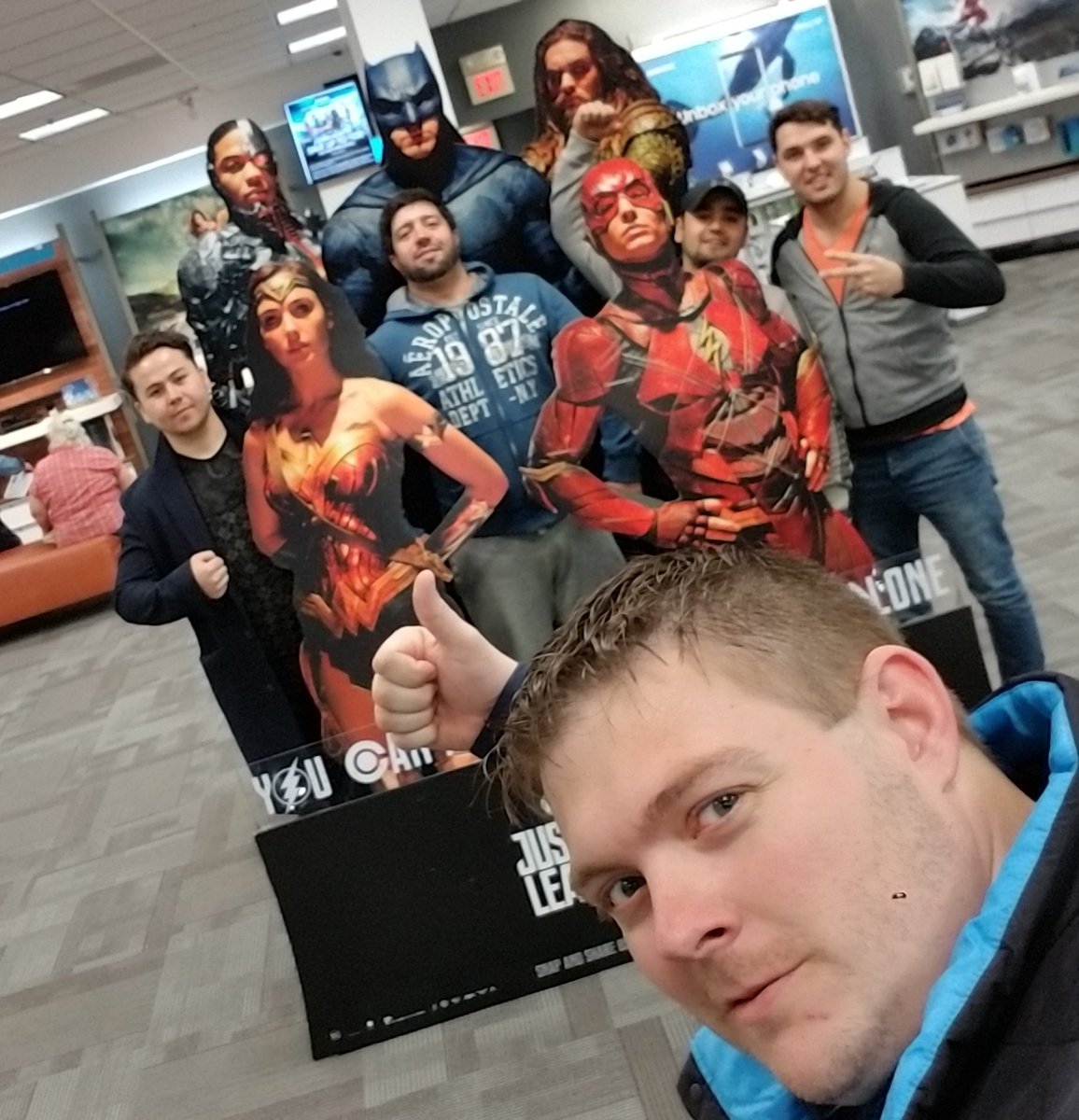 SilksNH's tweet photo. Getting our customers pumped for the Justice League and DTV in Portsmouth! #iPhoneXentertainment   @JannaDucich https://t.co/jcnF6AGEi3