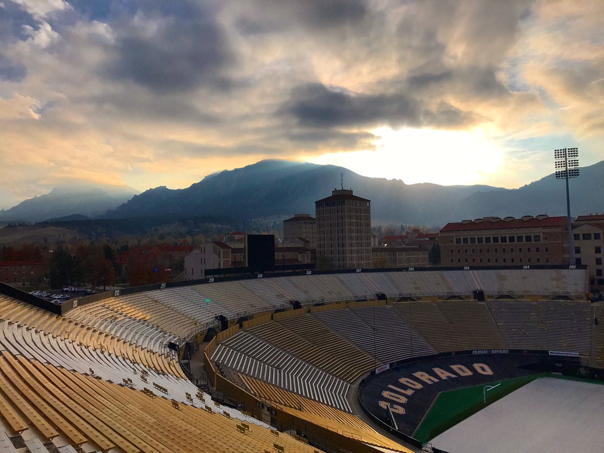 CUBoulder's tweet image. A cloudy sunset over campus and @Folsom_Field, home of our @CUBuffs. #GoBuffs
