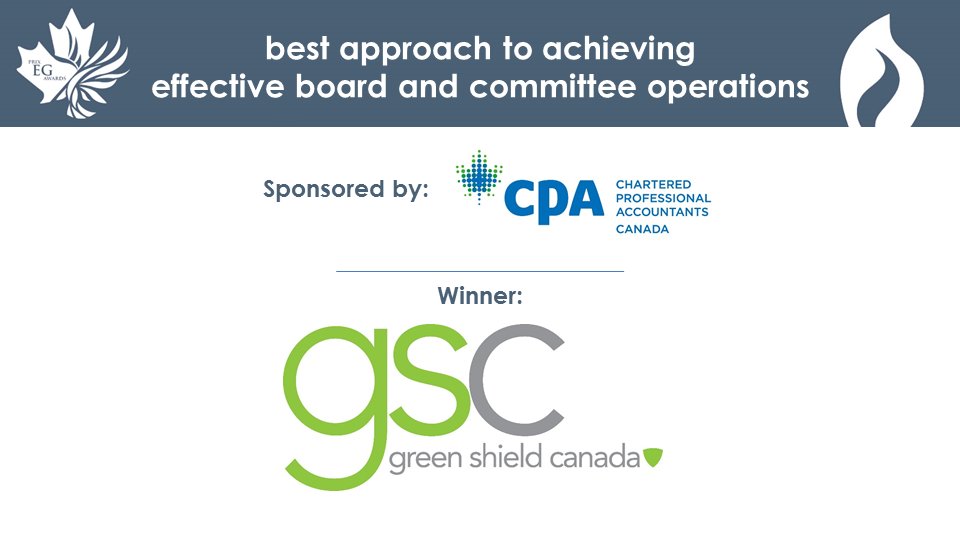 GovProCanada's tweet photo. #EGA2017 Our EGA winner for Best Approach to Achieving Effective Board and Committee Operations: Green Shield Canada @GSC_1957 https://t.co/H8fL71WoSF