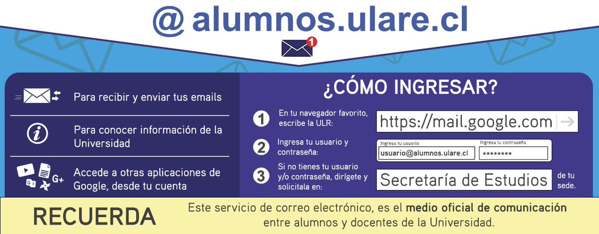 UlareChillan's tweet photo. AHORA, Comunicarnos es más fácil...
- Para recibir y enviar tus mails
- Para informarte de Nuestra Universidad
- Accede a @alumnos.ulare.cl https://t.co/hz9E9iokYE