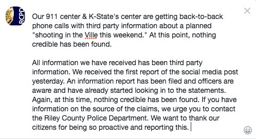 RileyCountyPD's tweet photo. Information on social media posts going around concerning Aggieville: https://t.co/JuByxOHcZi