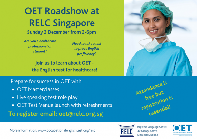 Calling all healthcare professionals! Join us for the Occupational English Test road show at RELC on 3 Dec 2017. occupationalenglishtest.org/relc