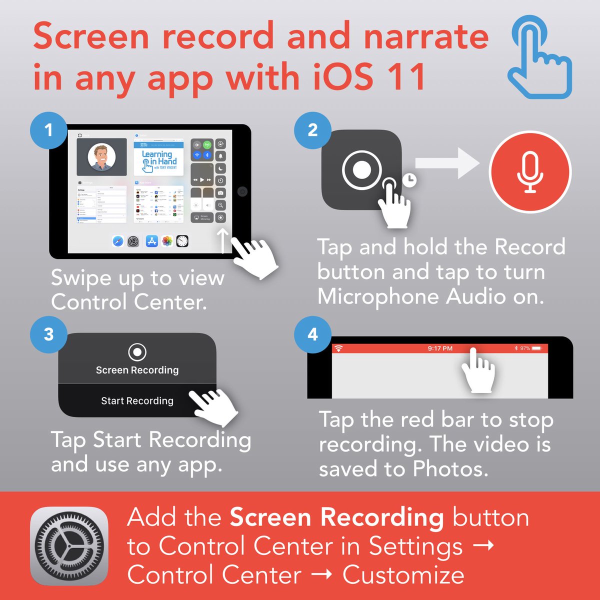 ⏺ With iOS 11 we can record an iPad or iPhone screen without using a computer! Great for how-tos and think-alouds...
tonyv.me/ios11screenr