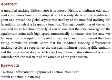 Scirp_Papers's tweet image. Design of a Modified Tracking Differentiator #Nonlinear #SwitchFunction #Chattering More @ mrw.so/3aPr9H