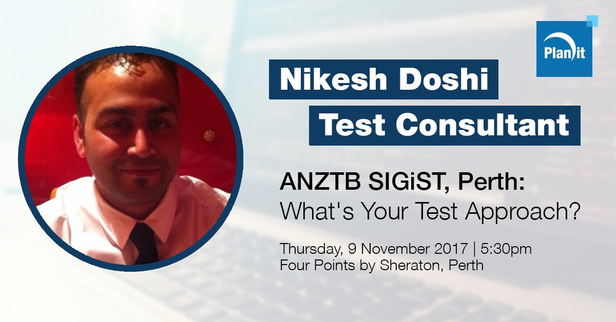 PlanitTesting's tweet photo. Join the @ANZTB #SIGiST in Perth on Thursday, 9 November at 5:30pm to see a presentation by Test Consultant, Nikesh Doshi, about what to consider when designing a #testapproach, and how to adapt it when changes happen partway through a project. https://t.co/6AtElJIcU2 https://t.co/pJVP759ksY
