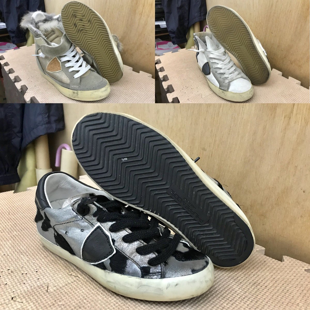 プラスワン神戸西店 フィリップモデルのスニーカー レディースサイズの3足を いつもの Michelinクッションシート を使い保護的オールソールで仕上げました 税込5400円也が3足 オリジナルパーツを傷めたくない場合に良い方法だと思います