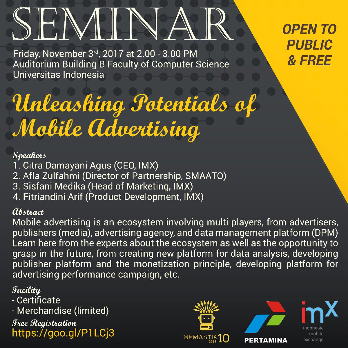 univ_indonesia's tweet photo. Diingatkan kembali bahwa hari jni akan diadakan 2 seminar menarik dan GRATIS dari #GEMASTIK10 :) Registrasi dimulai pukul 13.00 WIB https://t.co/7k7G5GT7hW
